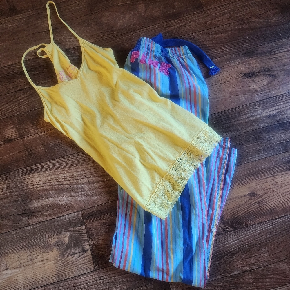 VINTAGE *LIKE NEW* V.S. PINK CANDY STRIPE LOUNGE PANT & BRA SHELF TANK   ☆